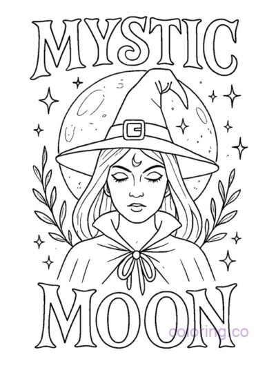 Mystic Moon Gothic Witch Coloring Page