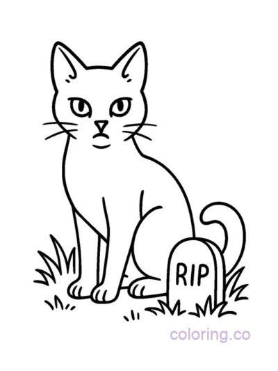 Cute Cat and Gravestone Coloring Page