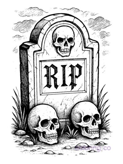 Gothic Gravestone and Skulls Coloring Page
