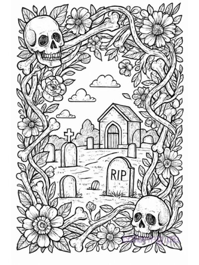Intricate Graveyard Floral Frame Coloring Page