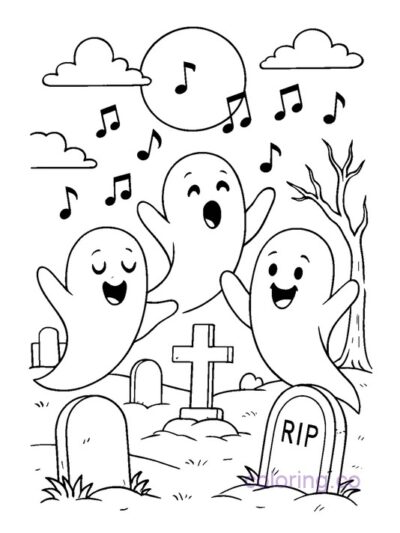 Graveyard Singing Ghosts Coloring Page