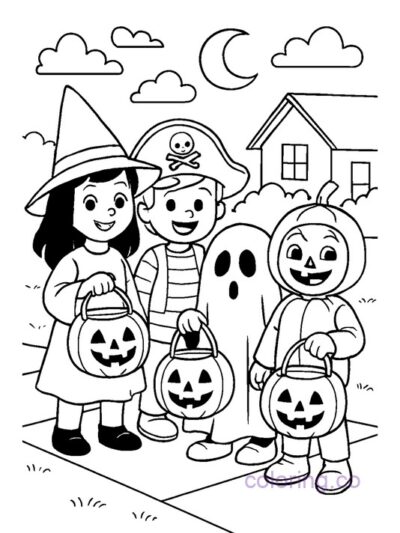 Trick-or-Treaters Halloween Coloring Page