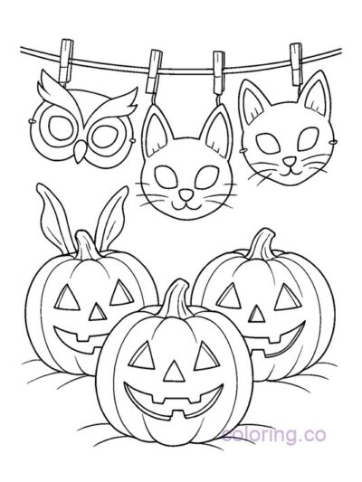 Cute Halloween Animal Masks Coloring Page