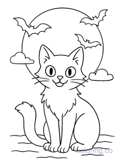 Halloween Cat with Moon Coloring Page