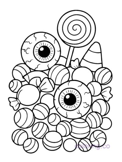 Halloween Candy and Eyeballs Coloring Page