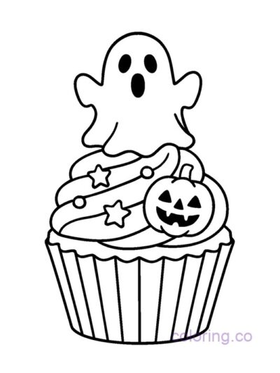Halloween Cupcake with Ghost Topper Coloring Page