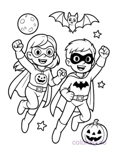 Halloween Superhero Kids Coloring Page