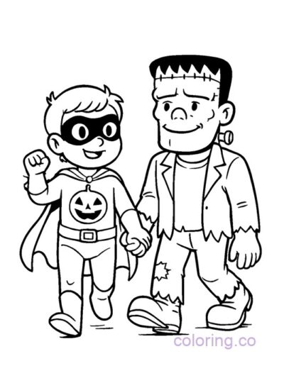 Halloween Superhero and Monster Coloring Page