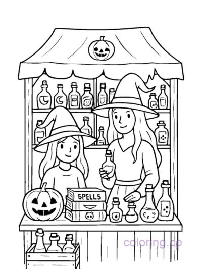 Halloween Witches Market Stand Coloring Page