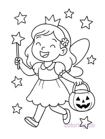 Happy Fairy Trick-or-Treater Coloring Page