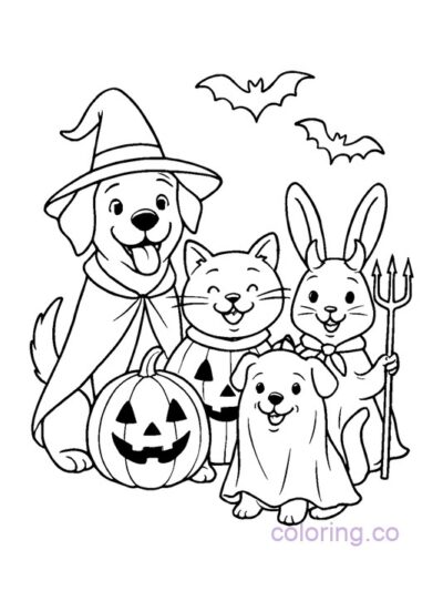 Cute Pets in Halloween Costumes Coloring Page