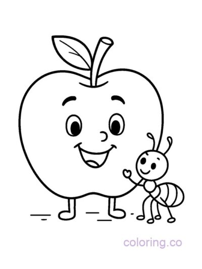 Happy Apple and Ant Friend Coloring Page