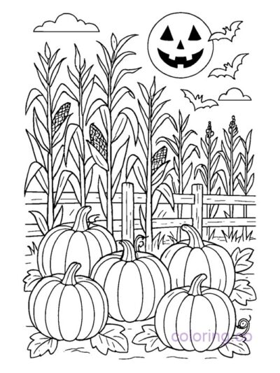 Harvest Cornfield Halloween Coloring Page
