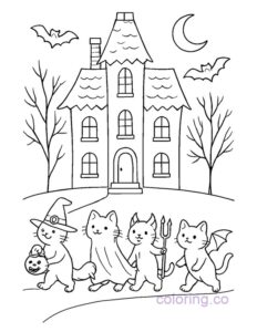 Haunted House Cats Halloween Parade Coloring Page