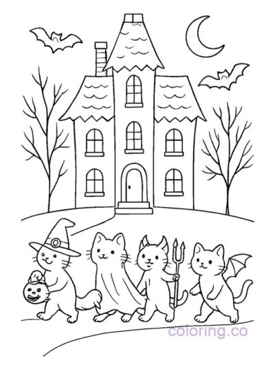 Haunted House Cats Halloween Parade Coloring Page