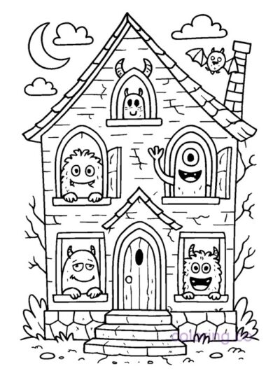 Haunted House with Cute Monster Friends Coloring Page