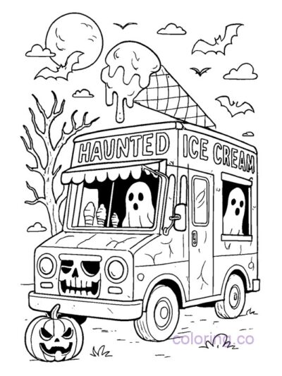 Spooky Haunted Ice Cream Truck Coloring Page