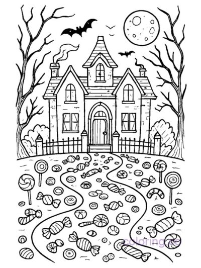 Haunted Mansion with Candy Trail Coloring Page