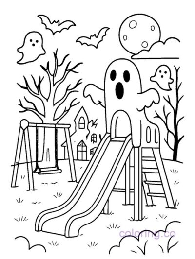 Spooky Playground Ghost Slide Coloring Page