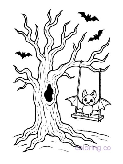 Spooky Tree Swing Halloween Coloring Page