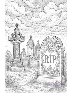 Intricate Haunted Gravestone Landscape Coloring Page