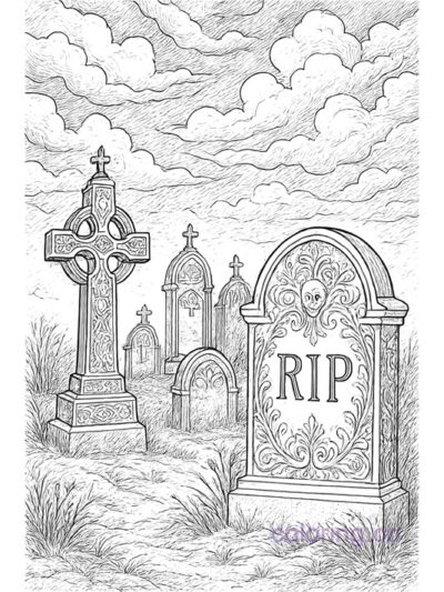 Intricate Haunted Gravestone Landscape Coloring Page