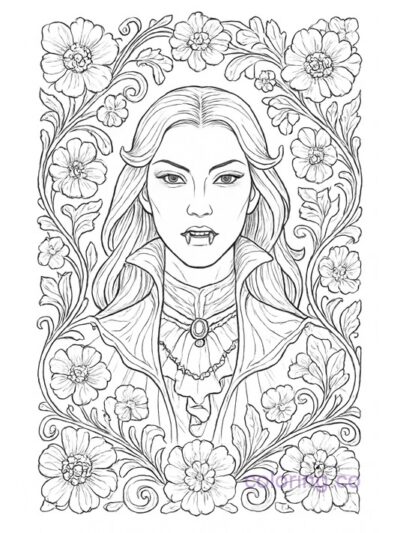 Intricate Floral Vampire Coloring Page