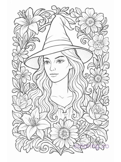 Intricate Witch Portrait with Floral Frame Coloring Page