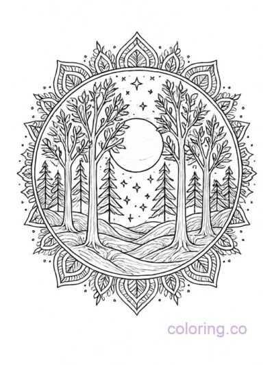 Intricate Moonlit Forest Mandala Coloring Page