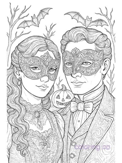 Intricate Victorian Halloween Masks Coloring Page