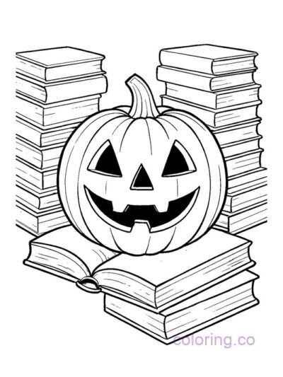 Cute Jack-o-Lantern Among Books Coloring Page