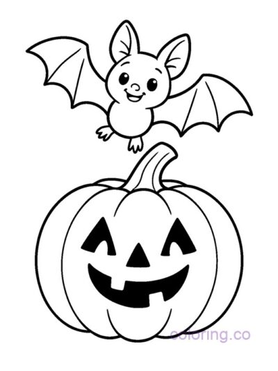 Jack-o-Lantern and Bat Coloring Page