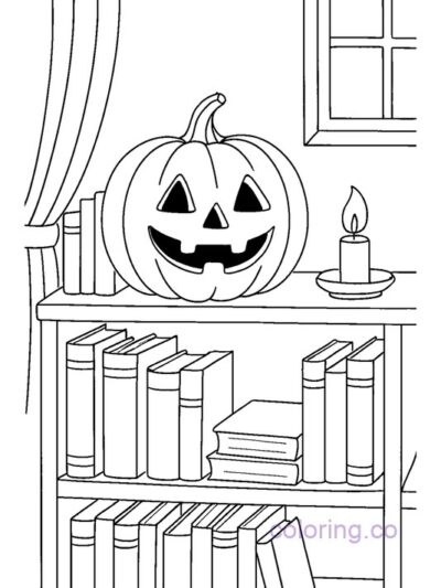 Jack-o-Lantern on Bookshelf Coloring Page