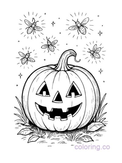 Cute Jack-o-Lantern with Fireflies Coloring Page