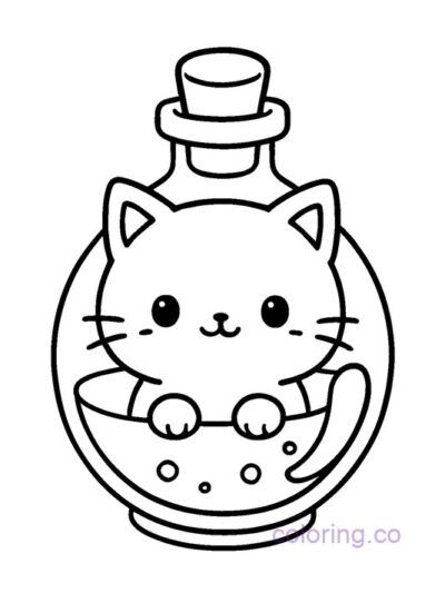 Adorable Kawaii Cat in Potion Bottle Coloring Page