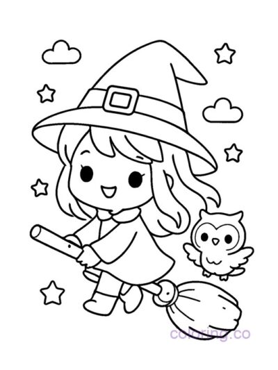 Cute Witch Flying with Owl Coloring Page