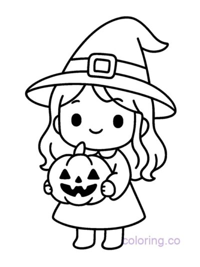 Kawaii Witch with Pumpkin Coloring Page