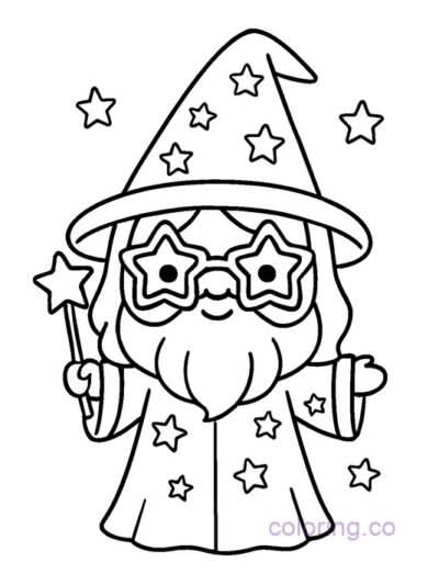 Kawaii Wizard with Star Glasses Coloring Page