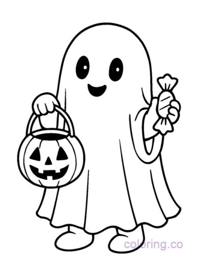 Cute Little Ghost Trick-or-Treater Coloring Page