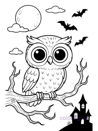 Cute Owl on Haunted Branch Coloring Page