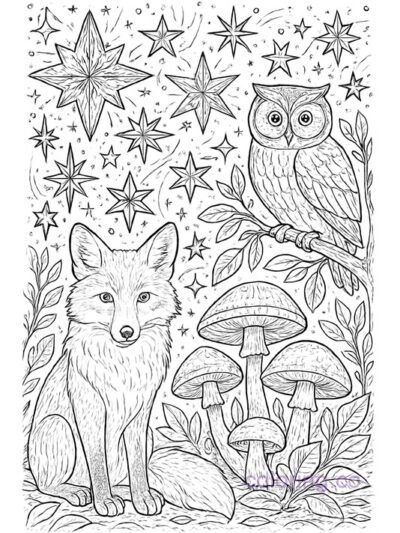 Enchanting Forest Fauna and Stars Coloring Page