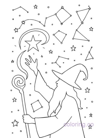 Magic Spellcaster Under Stars Coloring Page