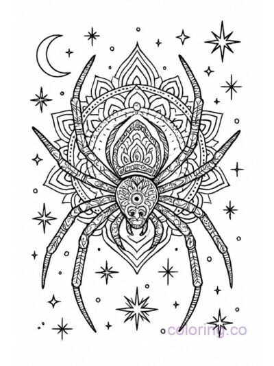 Mandala Spider Coloring Page with Celestial Themes