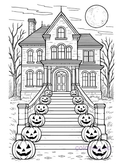 Spooky Mansion with Jack-o-Lanterns Coloring Page