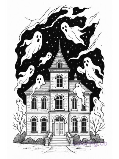 Haunted Mansion with Ghostly Portal Coloring Page