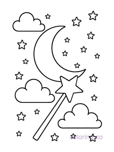 Preschool Moon and Wand Coloring Page
