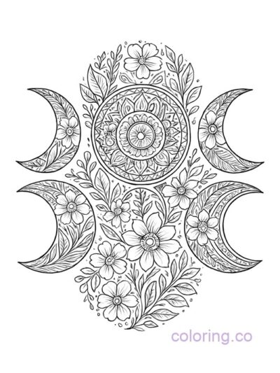 Intricate Moon Phases Floral Coloring Page