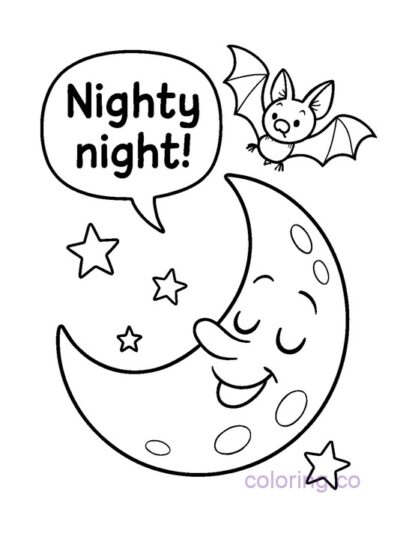 Moon and Bat Nighty Night Coloring Page