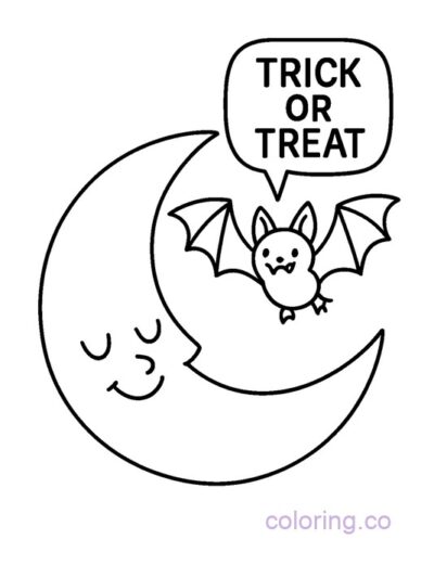 Halloween Moon and Bat Coloring Page