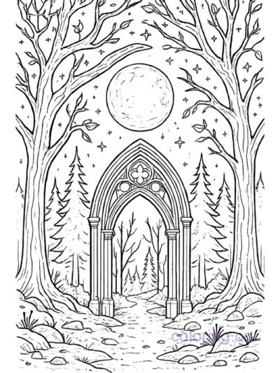 Moonlit Forest Gothic Arch Coloring Page